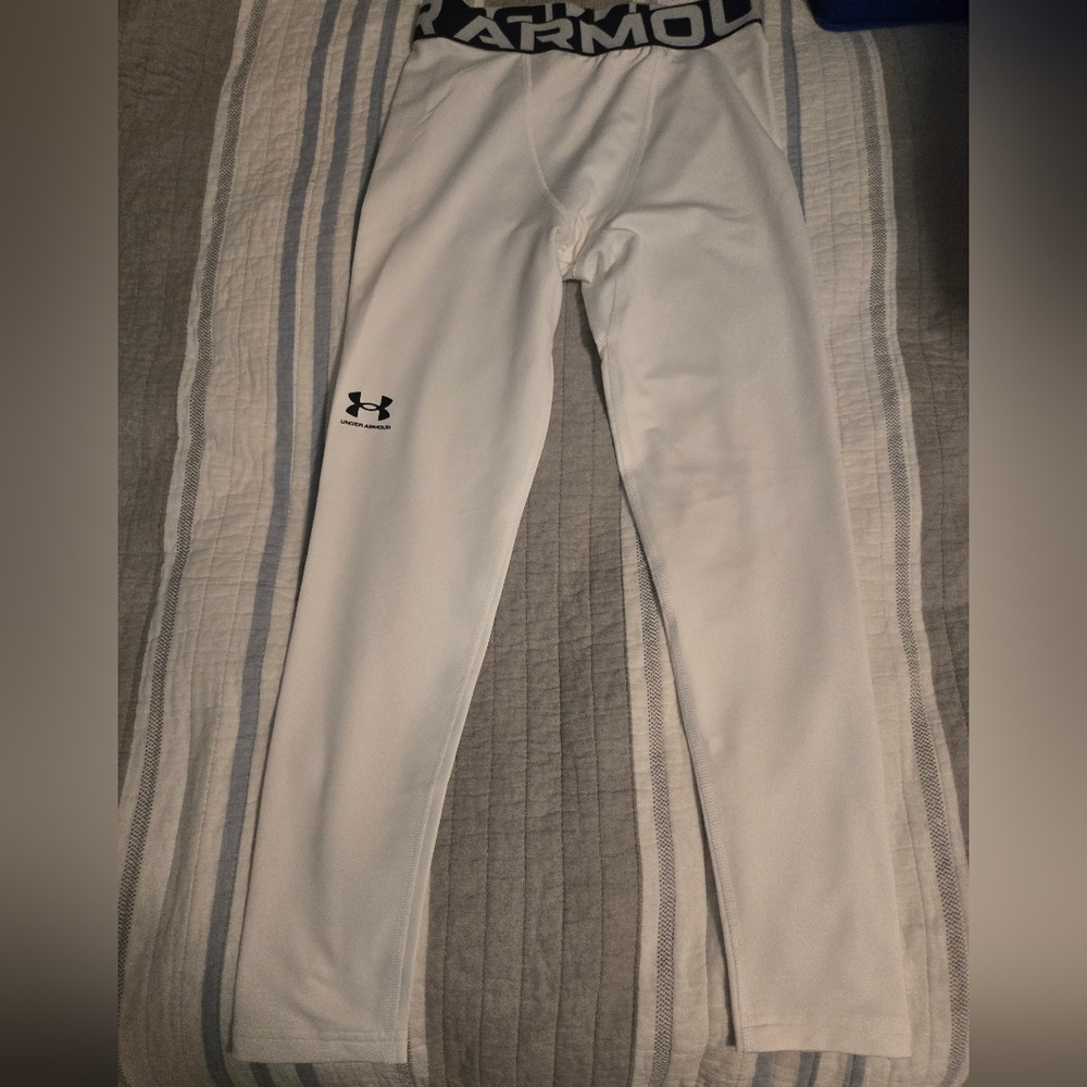 UA white cold gear.tights. Never worn. Youth medium